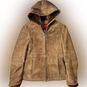 Esprit Suede Leather faux fur lined vintage Y2K brown full zip coat with Hoos